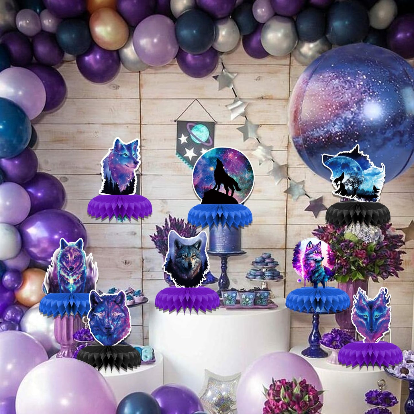 8 Pcs Galaxy Wolf Birthday Party Decoration, Starry Sky Wolf Theme Honeycomb Centerpieces 3D Double Sided Table Decorations, Animal Wolf Photo Booth