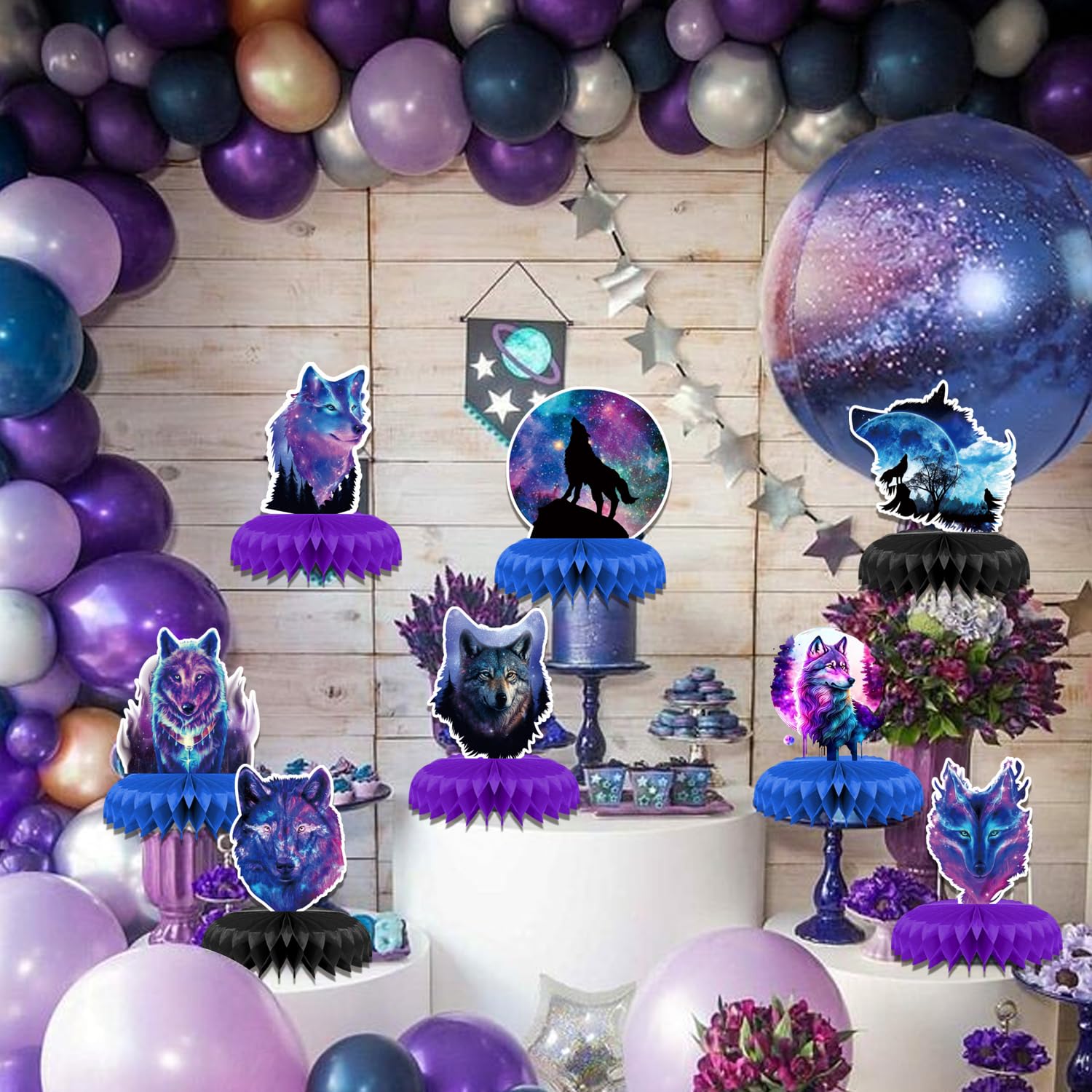8 Pcs Galaxy Wolf Birthday Party Decoration, Starry Sky Wolf Theme Honeycomb Centerpieces 3D Double Sided Table Decorations, Animal Wolf Photo Booth