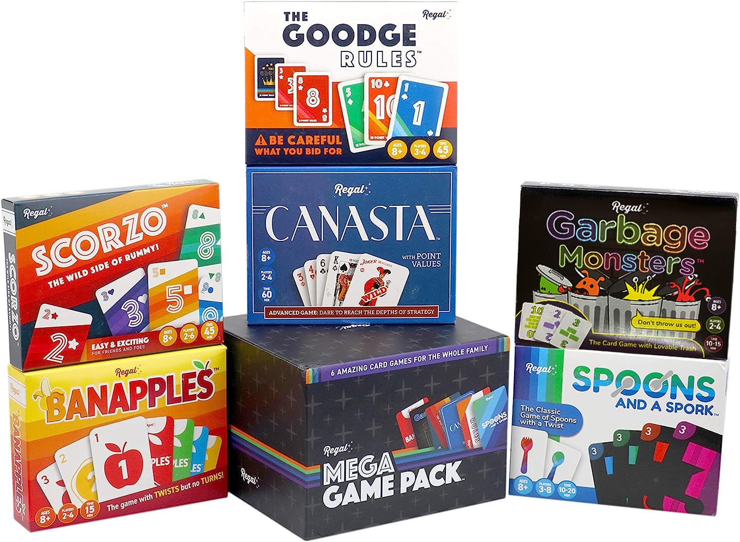 Regal Games Fun Card Games Set for Adults - Canasta, Spoons and a Spork, Garbage Monsters, ScorZo, The Goodge Rules, and Banapples Decks - Fun