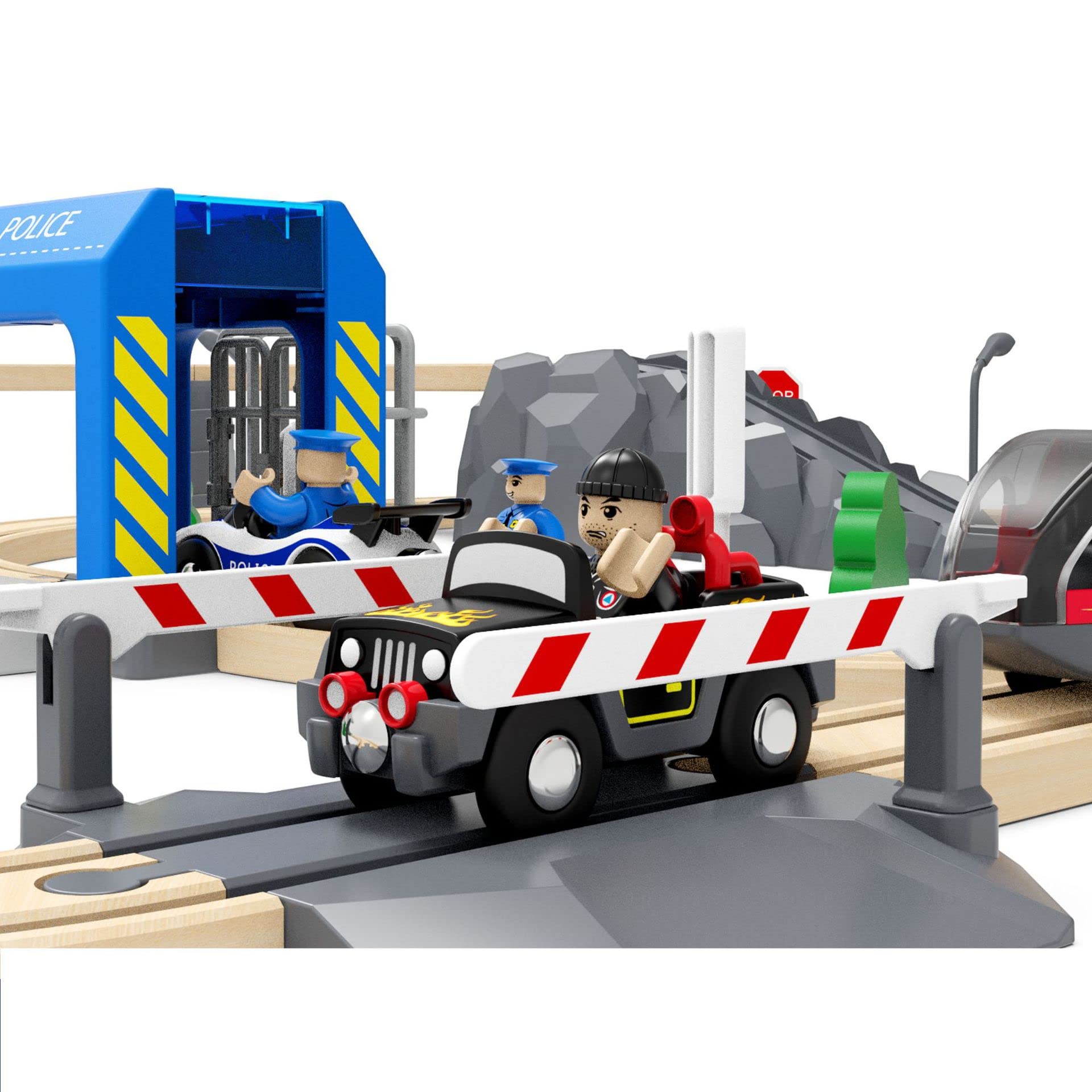 Wooden Train Tracks Accessories, Train Set Piece of Police Station Compatible with All Railroad Track Collection, Train Toys Expansion Pack for Kids
