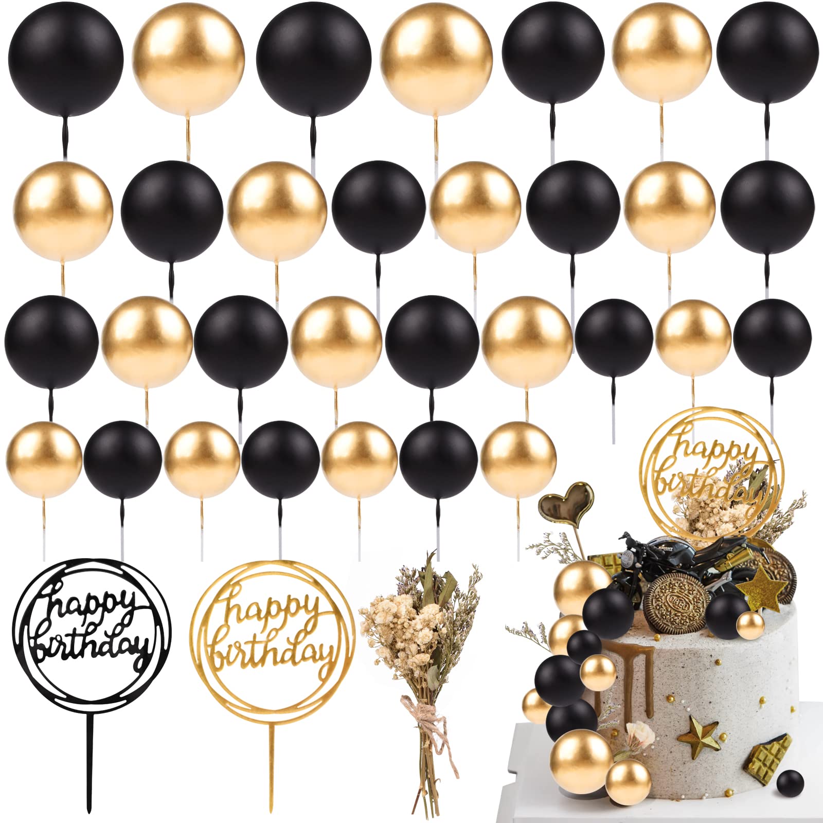 33 PCS Mini Ball Cake Topper Cupcake Insert Acrylic Cake Topper Artificial Dried Flowers Cake Decorations for Anniversary Graduation Birthday Party