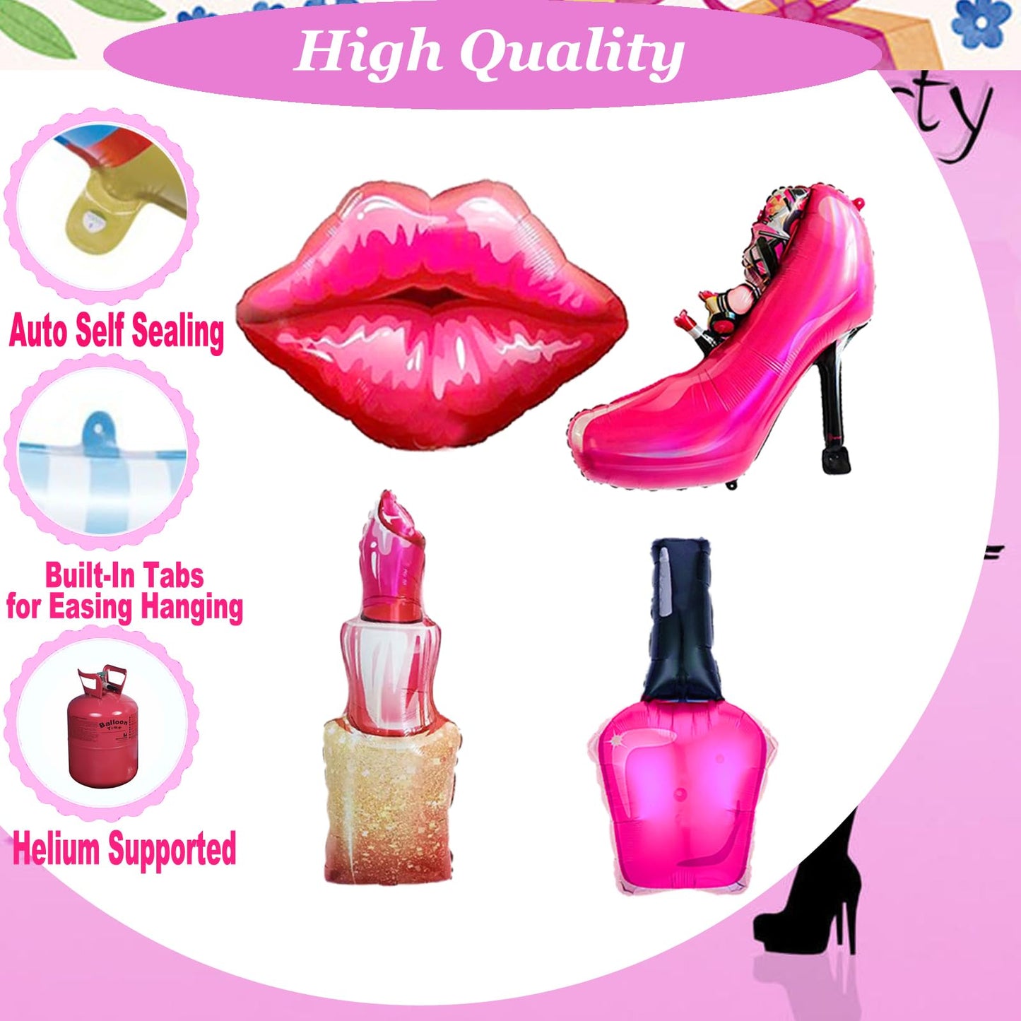 8Pcs Hot Pink Balloon Kit Red Lips, Lipstick, High Heels, Nail Polish Balloons Threenager Birthday Decorations Girl, Bachelorette Party, Girls Night