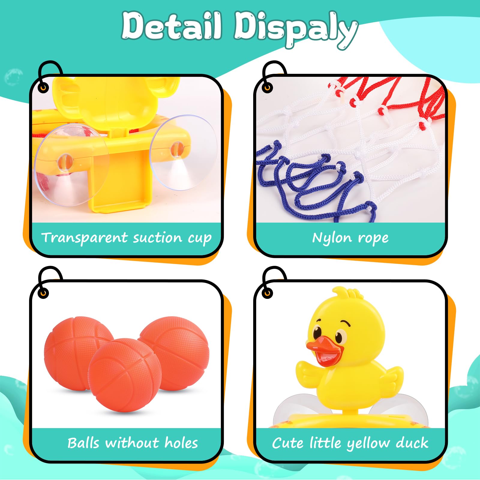 Bath Toys, Bathtub Basketball Hoop for Toddler Kids, 3 Soft No Hole Balls & Bath Basketball Hoop with Strong Suction Cup, Yellow Duck Baby Shower Bath