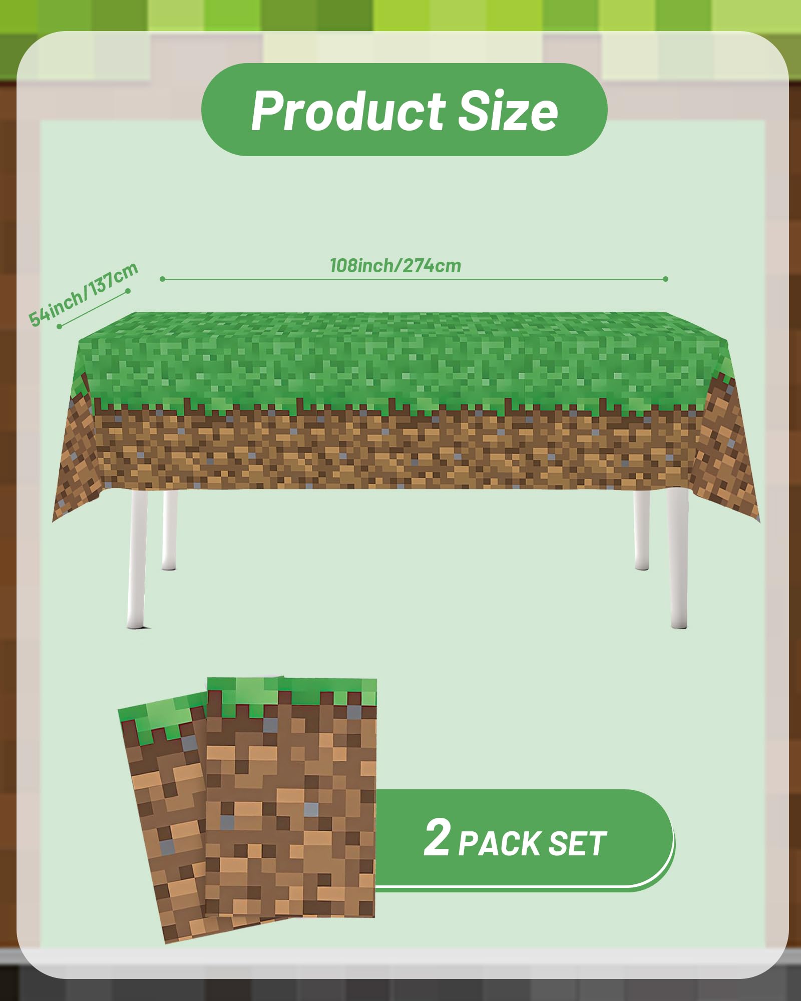 Calmi Pixel Miner Table Cover (Pack of 2) - 54.1"x108" XL Waterproof Cartoon Birthday Tablecloth- Gamer Party Supplies, Mining Themed Party
