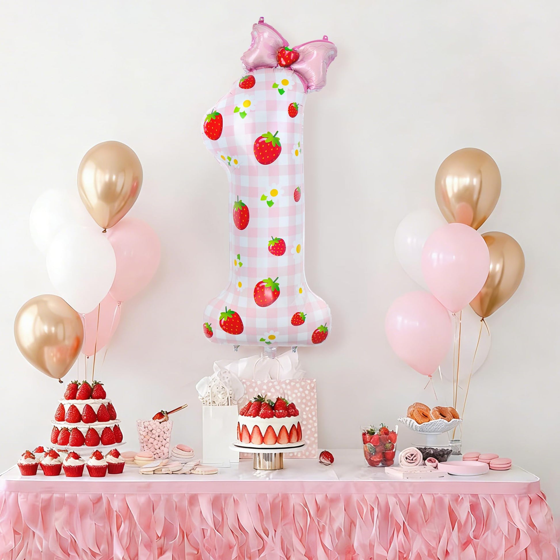 40 Inch Strawberry Number 1 Balloons,Pink Berry First Birthday Balloon with Bow,Large Sweet One Foil Balloon for Girl 1st Birthday