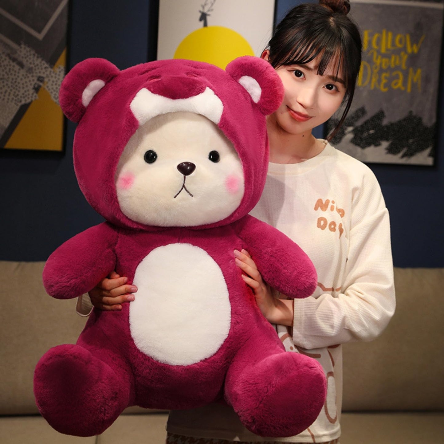 Bilibang Cartoon Plush Cross-Dressing Teddy Bear Plush Toy, Cute Teddy Bear with Removable Stitchhat (Pink StrawberryBear, 11 inch / 0.5 lb)