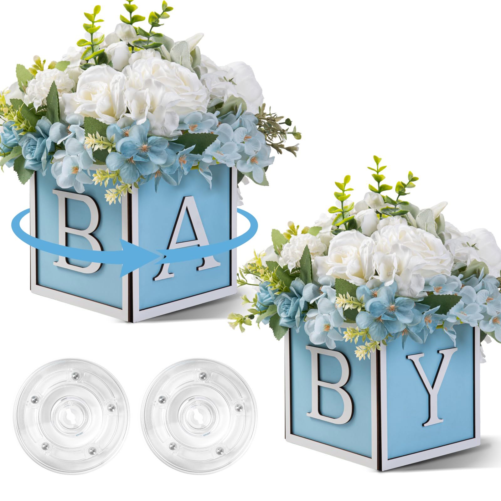 2 Set Baby Shower Centerpieces for Table 6 Inch Wooden Boxes with Rotatable Base Perfect for Boy Girl Neutra,Baby Shower, Gender Revea Party Table