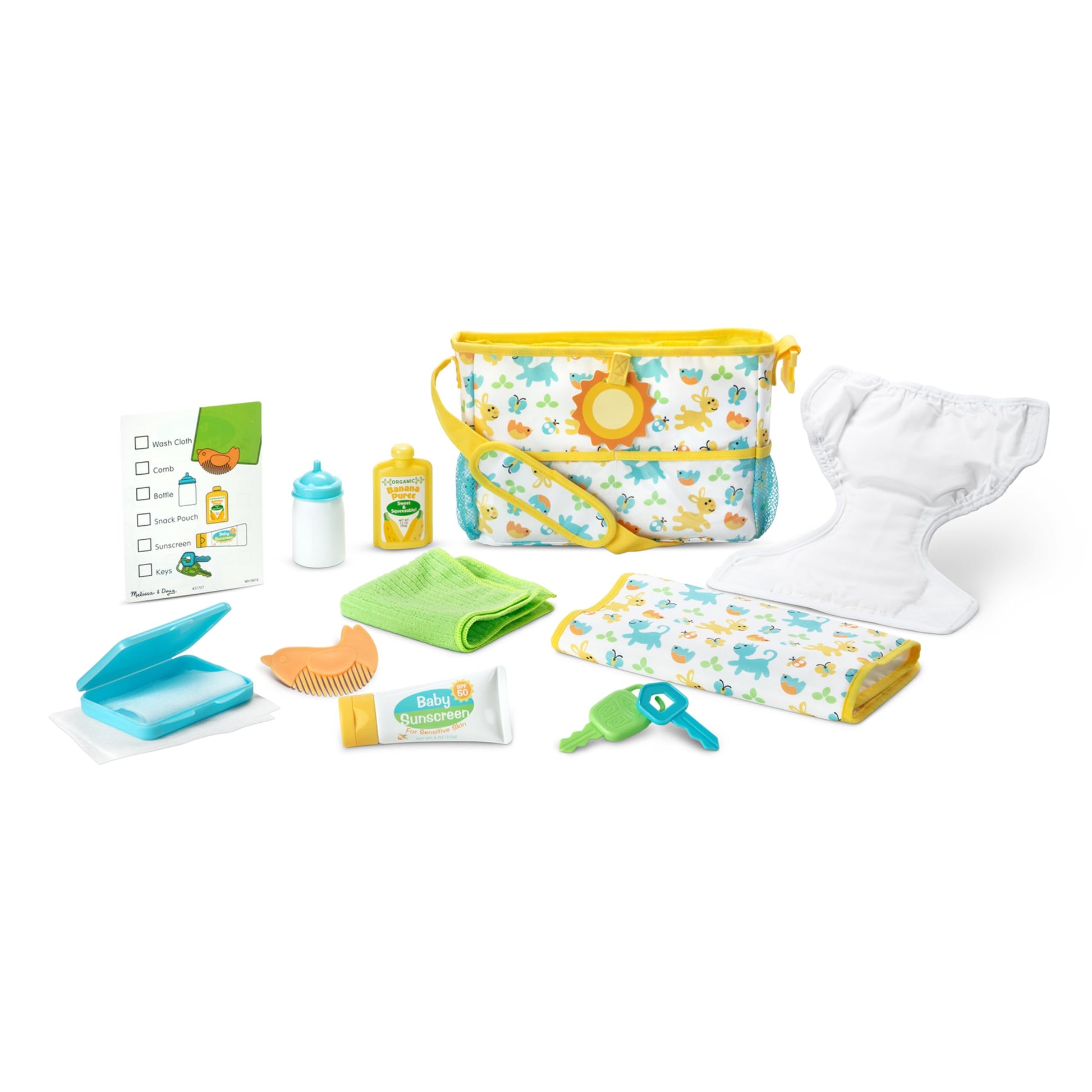 Melissa & Doug Mine to Love Travel Time Play Set for Dolls with Diaper Bag, Bottle, Sunscreen, More (17 pcs) - Baby Doll Accessories, Baby Doll Sets