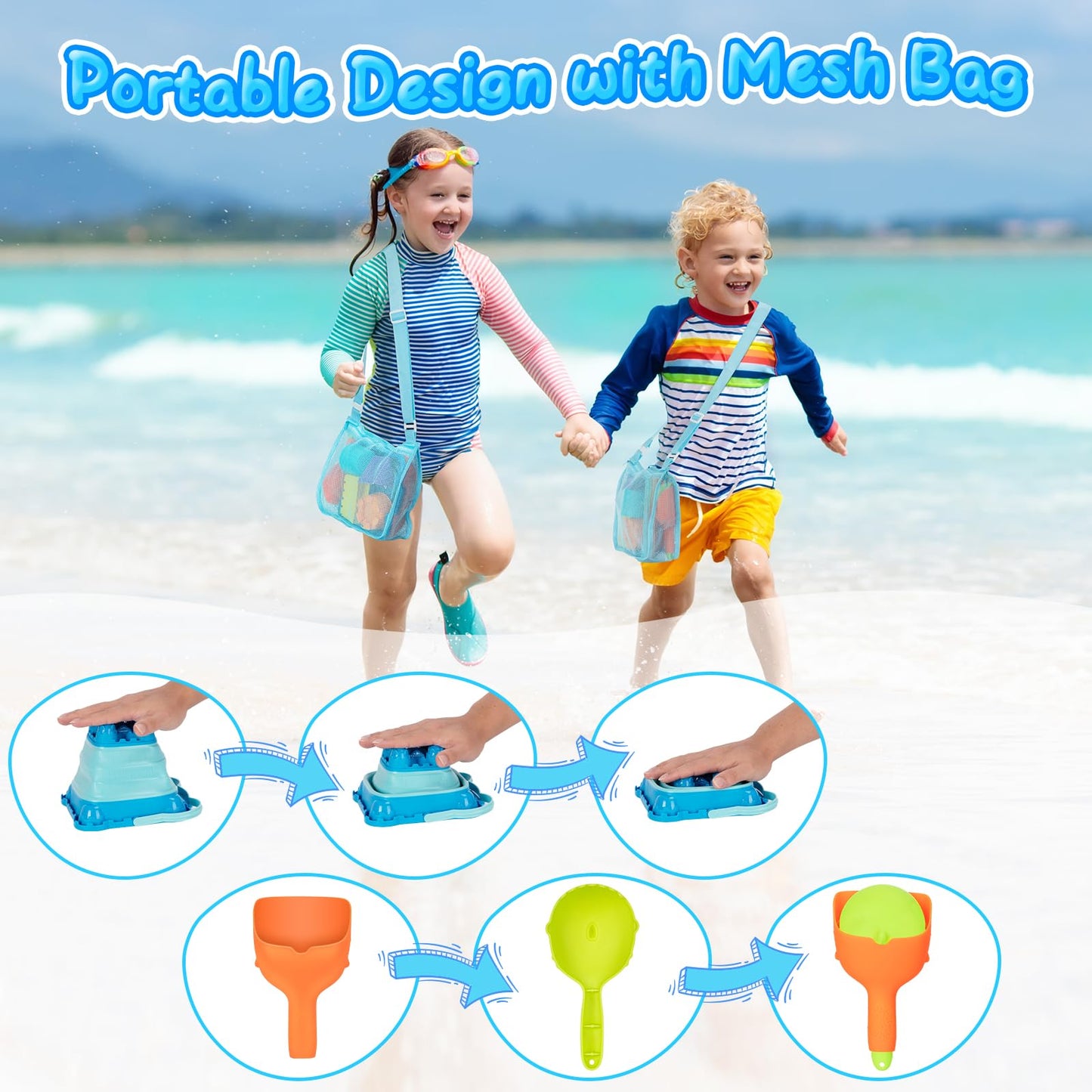HUGCATY Beach Toys, Collapsible Sand Toys - 9pcs Sand Castle Building Kit: Foldable Sand Buckets, Shovels, Castle Molds & Packable Mesh Bag - Sandbox