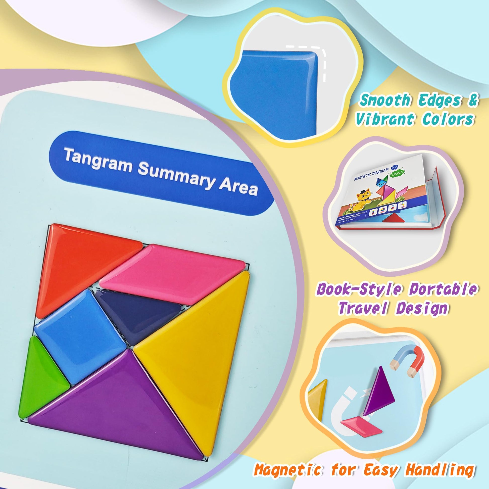 Flamax Magnetic Tangram for Kids Ages 4-8 with 30 Theme Pages & 368 Solutions Patterns Booklet & Metal Board, Magnetic Tangrams Puzzle for Kid, Magnet