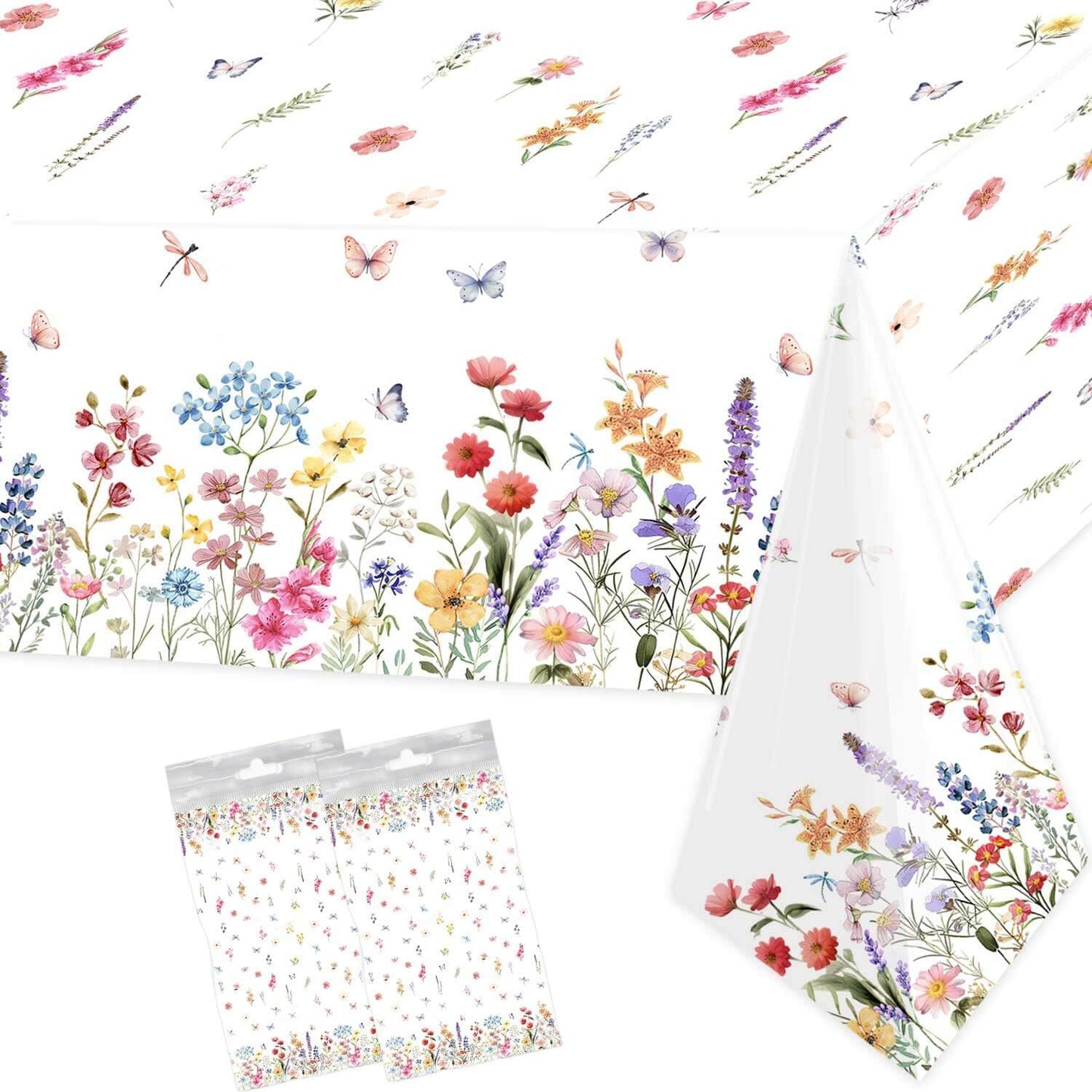 2 Pcs Wildflower Tablecloth Spring Summer Floral Table Cover for Butterfly Wildflowers Theme Picnic Dining Holiday Weeding Baby Shower Birthday Tea
