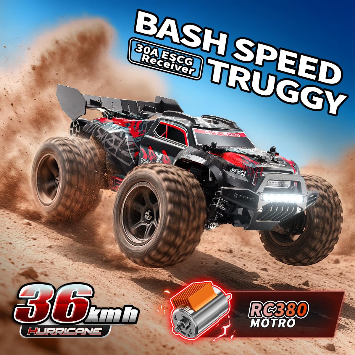 1:18 Scale RC Cars All Terrain Off Road 4WD Remote Control Car 36KM/H High Speed RC Monster Truck, Electric Vehicle with 2.4GHz Racing Car , Two 7.4V