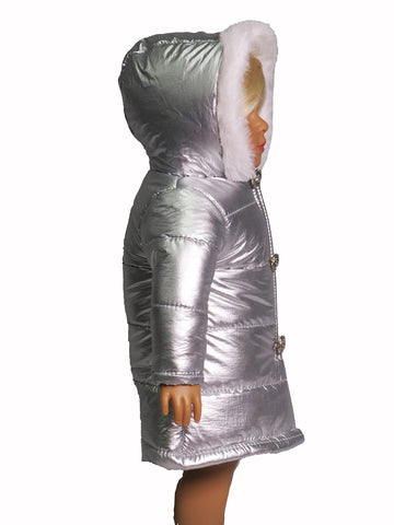 American Fashion World Mettalic Silver Puffer Coat for 18in Doll