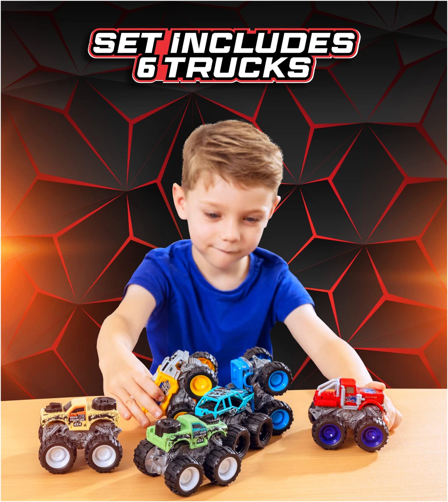 6 Pack Monster Trucks Toys for Boys and Girls, 4-Wheel Drive Friction Powered Push and Go Toy Cars with Giant Wheels, 360° Crazy Stunts, Age 3, 4-7