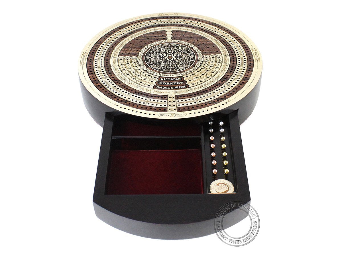House of Cribbage - 10" Round Shape 4 Tracks Continuous Cribbage Board Rosewood/Maple - Push Drawer with Score Marking Fields for Skunks, Corners