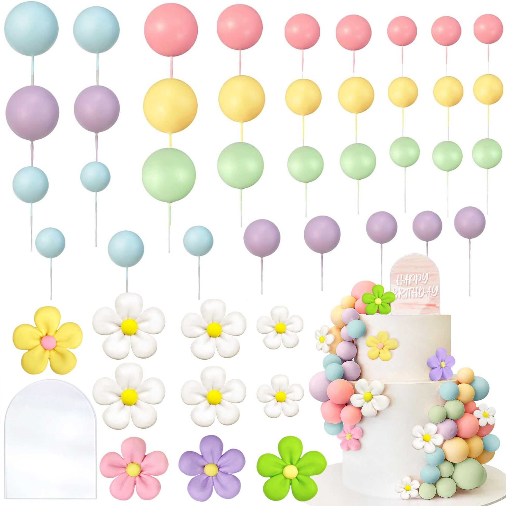 46 PCS Boho Groovy Cake Topper Mini Balls Acrylic Retro Hippie Daisy Flower Cake Topper for Wedding Party Supplies (Colorful)
