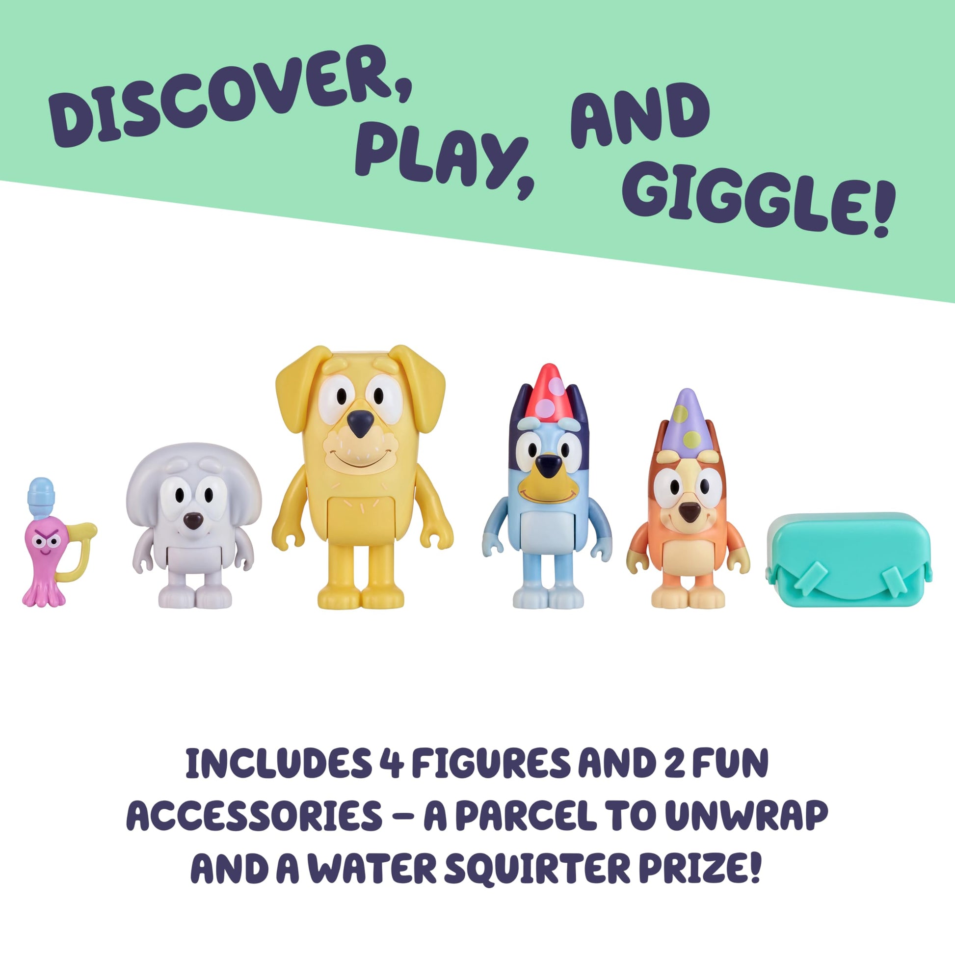 Bluey Pass The Parcel Figurine Toys Pack of 4, Character Toys with Bingo, Lucky’s Dad, and Lila Figures, Small Action Figures for Kids Ages 3+