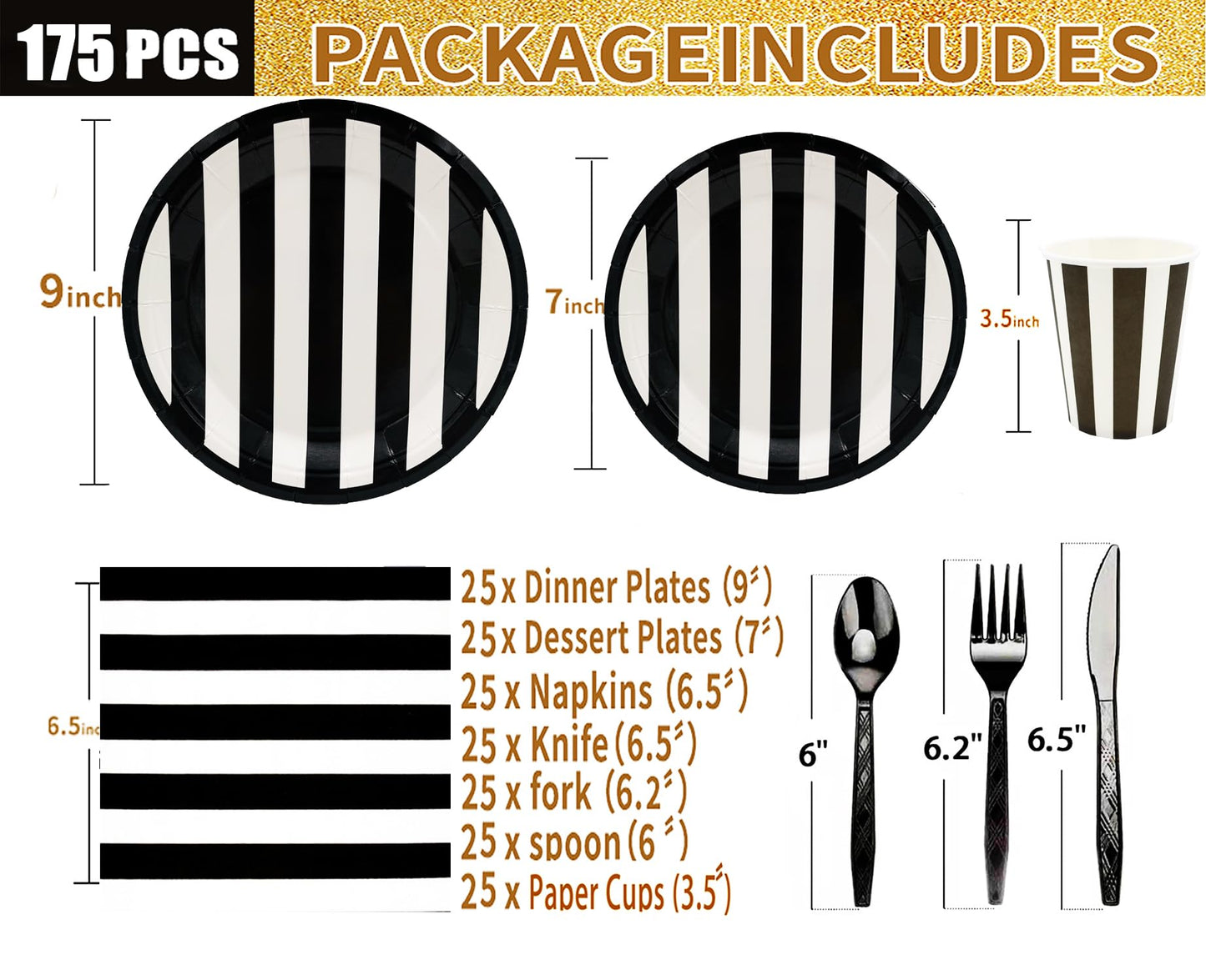 Serve25 175Pcs Black & White Striped Party Supplies - 9" & 7" Striped Paper Plates, Napkins, Cups, Cutlery for Black & White Birthday Party
