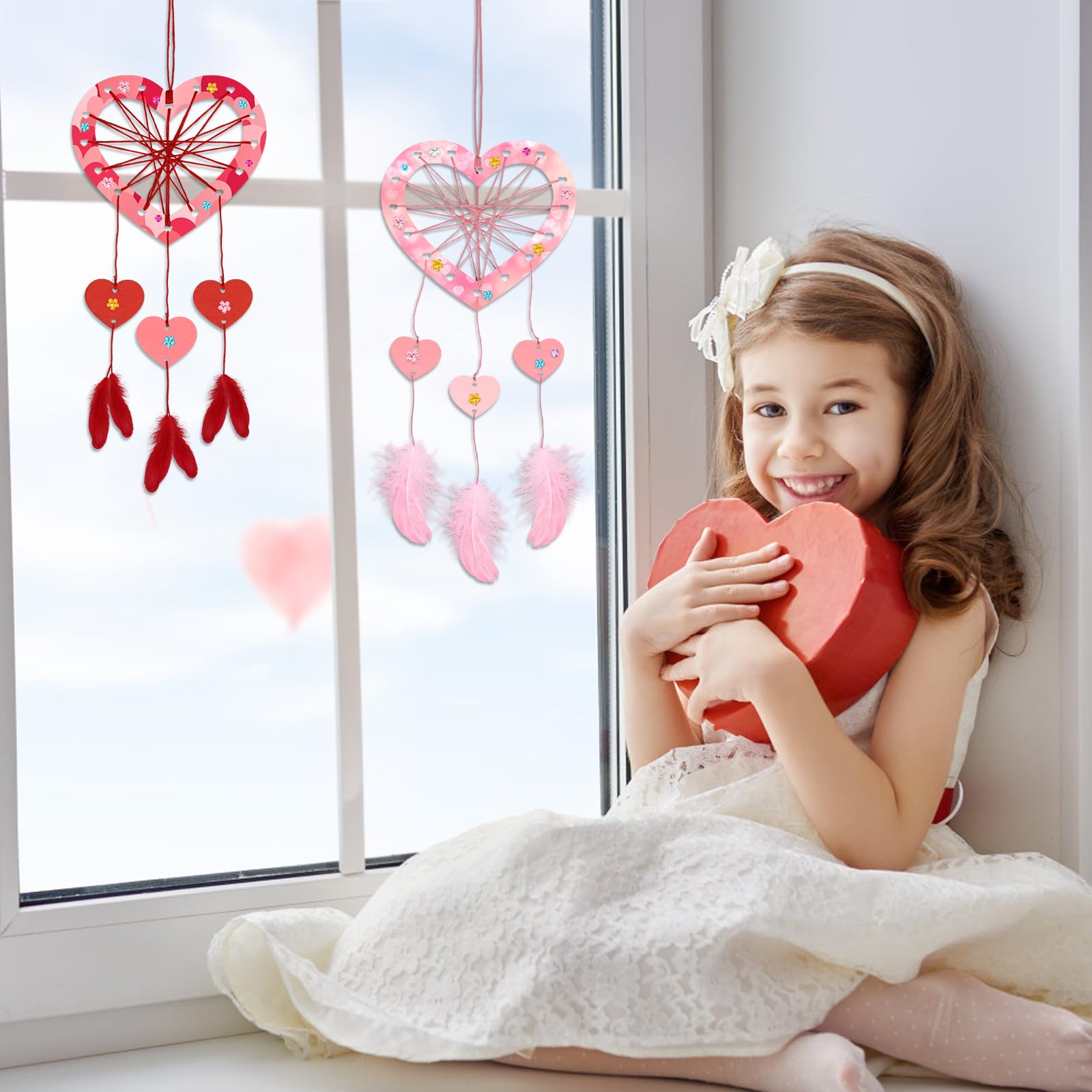 Fennoral 6 Pack Heart Dream Catcher Craft Kit for Kids Paint You Own Love Heart Dream Catcher DIY Coloring Mother's Day Wooden Art and Craft for Art