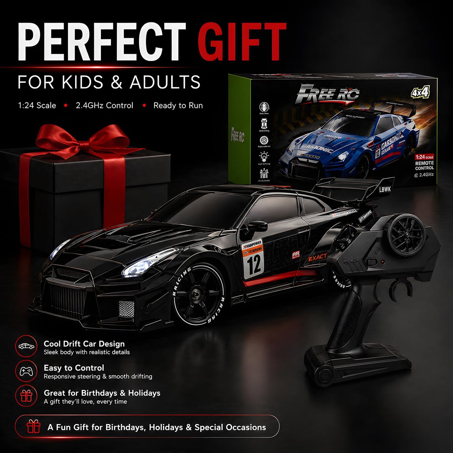 HTURCCOP 1:24 RC Drift 2.4GHz with LED Light Race Car Toys for Boys and Girls Aged 6+ Speed Adjustable up to 23Km/H, High-Speed RC Racing Cars Toy