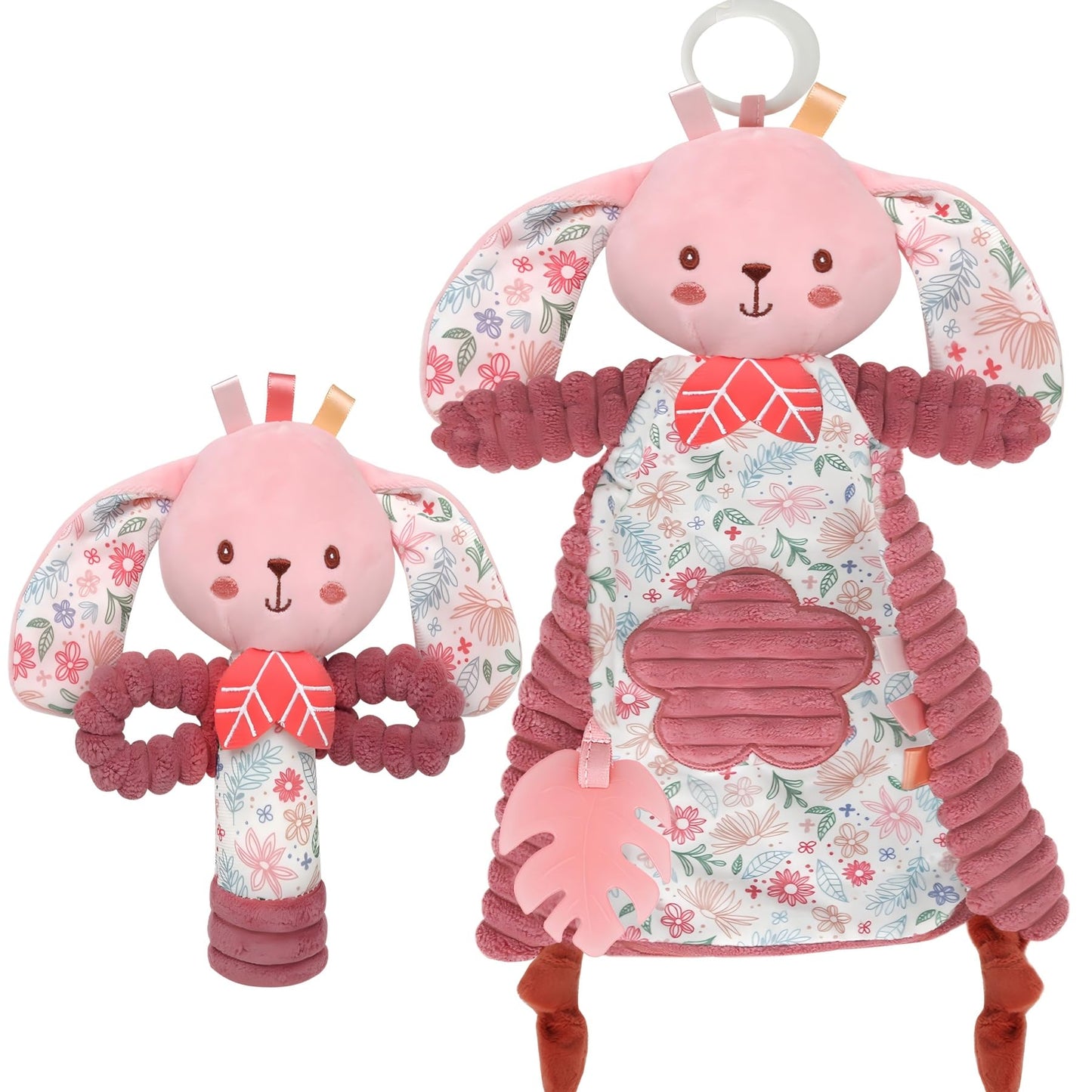 GKDOMS Baby Lovey Rabbit Stuffed Animal for Infant Boys and Girls, Security Blanket and Hand Shaker Set Newborn Stuffed Hanging Animal Plush Snuggle