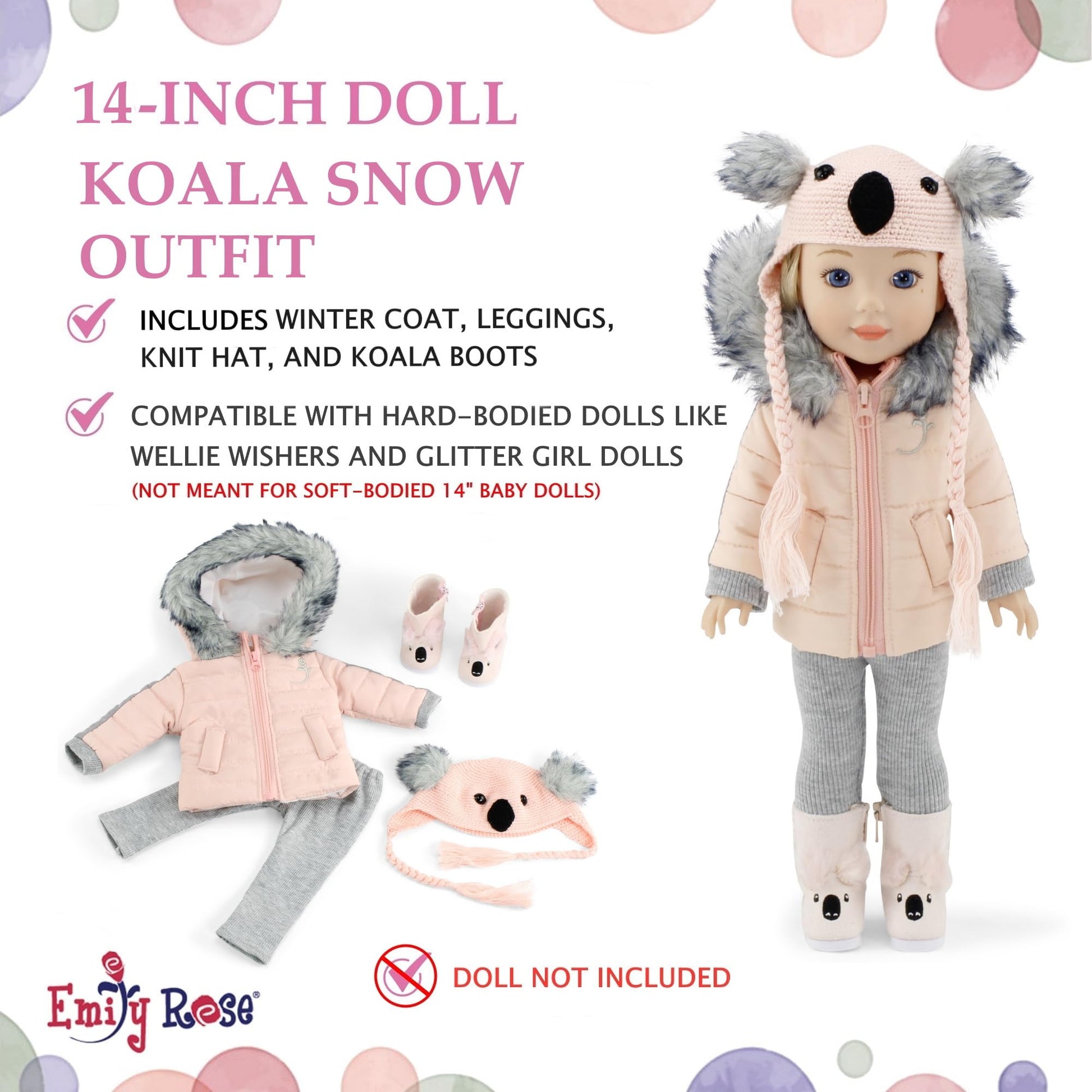 Emily Rose 14 Inch Doll Koala Outfit 4-PC Winter Clothes Set | Furry Coat Hat Boots Leggings | Compatible with Glitter Girls and Wellie Wishers Dolls