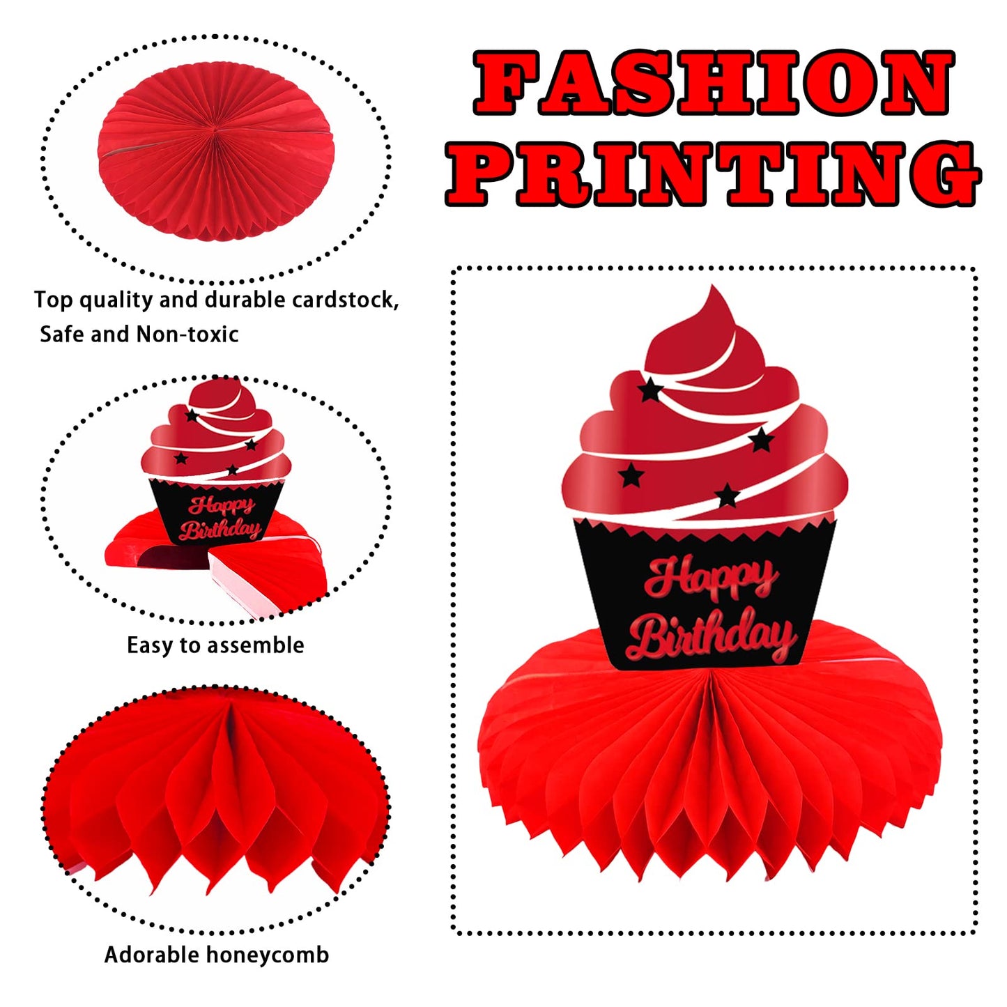 Happy 100th Birthday Red and Black Table Honeycomb Centerpieces Balloons Theme Decor Table Decorations Table Toppers for Girls Women Princess 100