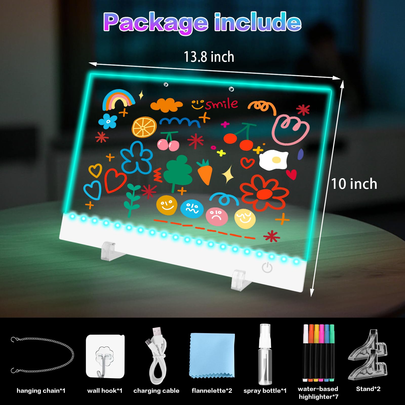 Rechargeable Led Drawing Board for Kids - 13.8"X10" Light Up Drawing Pad with 8 Colors, Sergamy Glow Dry Erase Board with 7 Markers & Stand kit