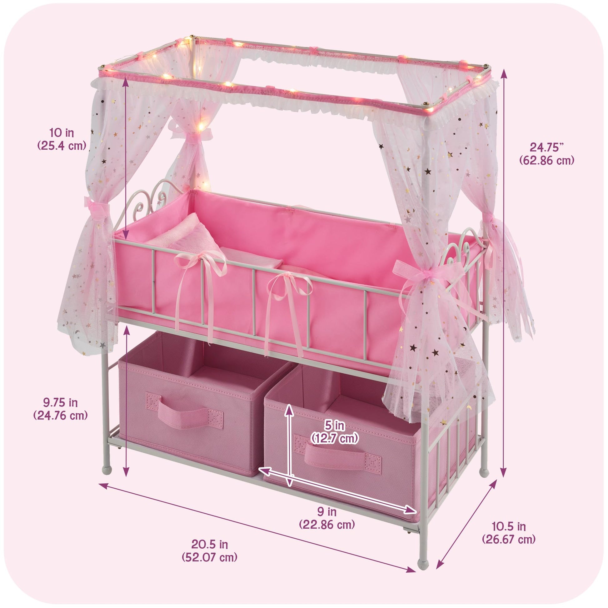 Badger Basket Starlights Metal Doll Crib with Canopy, Bedding, Storage & LED Lights - Pink/White Stars - Fits Dolls up to 18 Inches