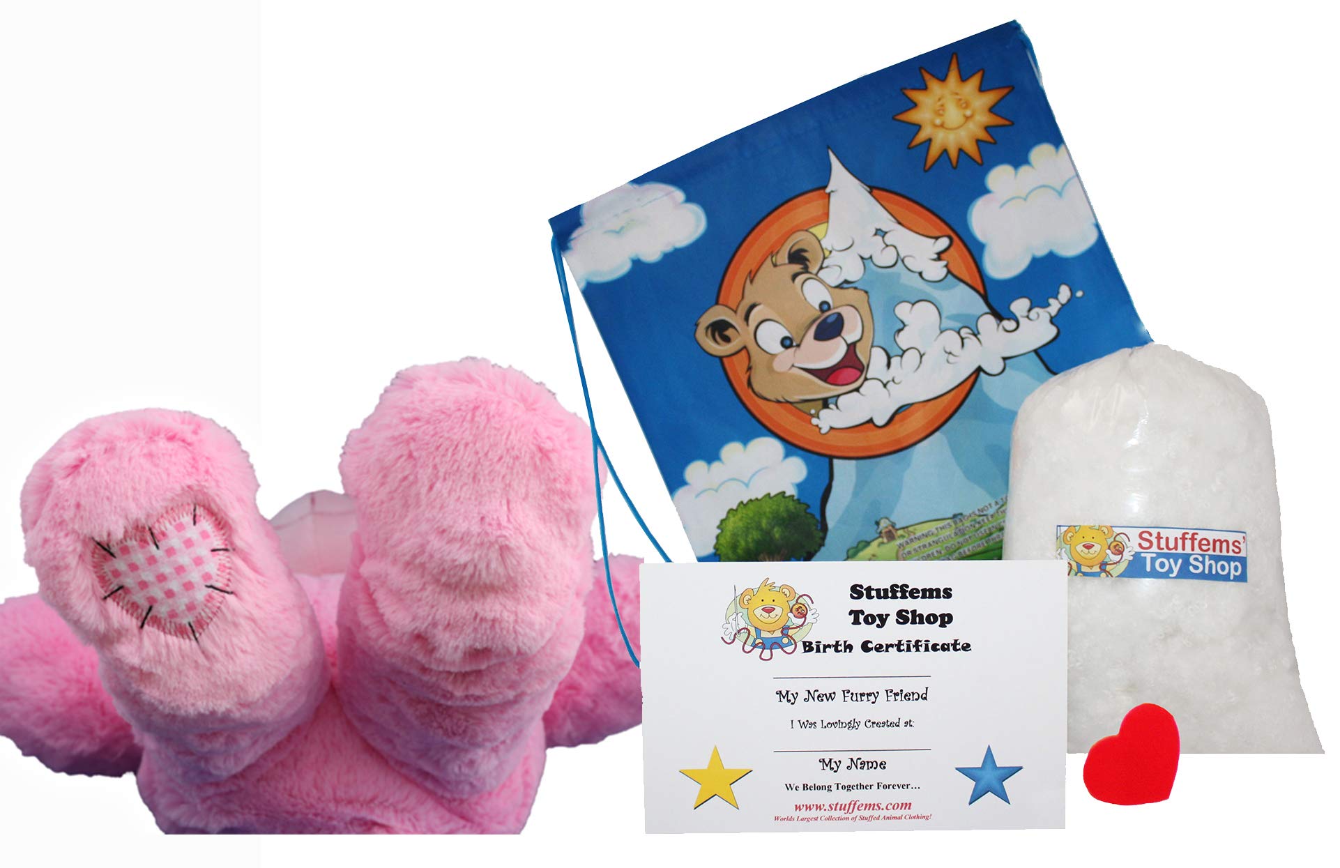 Stuffems Toy Shop Make Your Own Stuffed Animal 16" "Pink Patches Bear - No Sew - Kit with Cute Backpack!