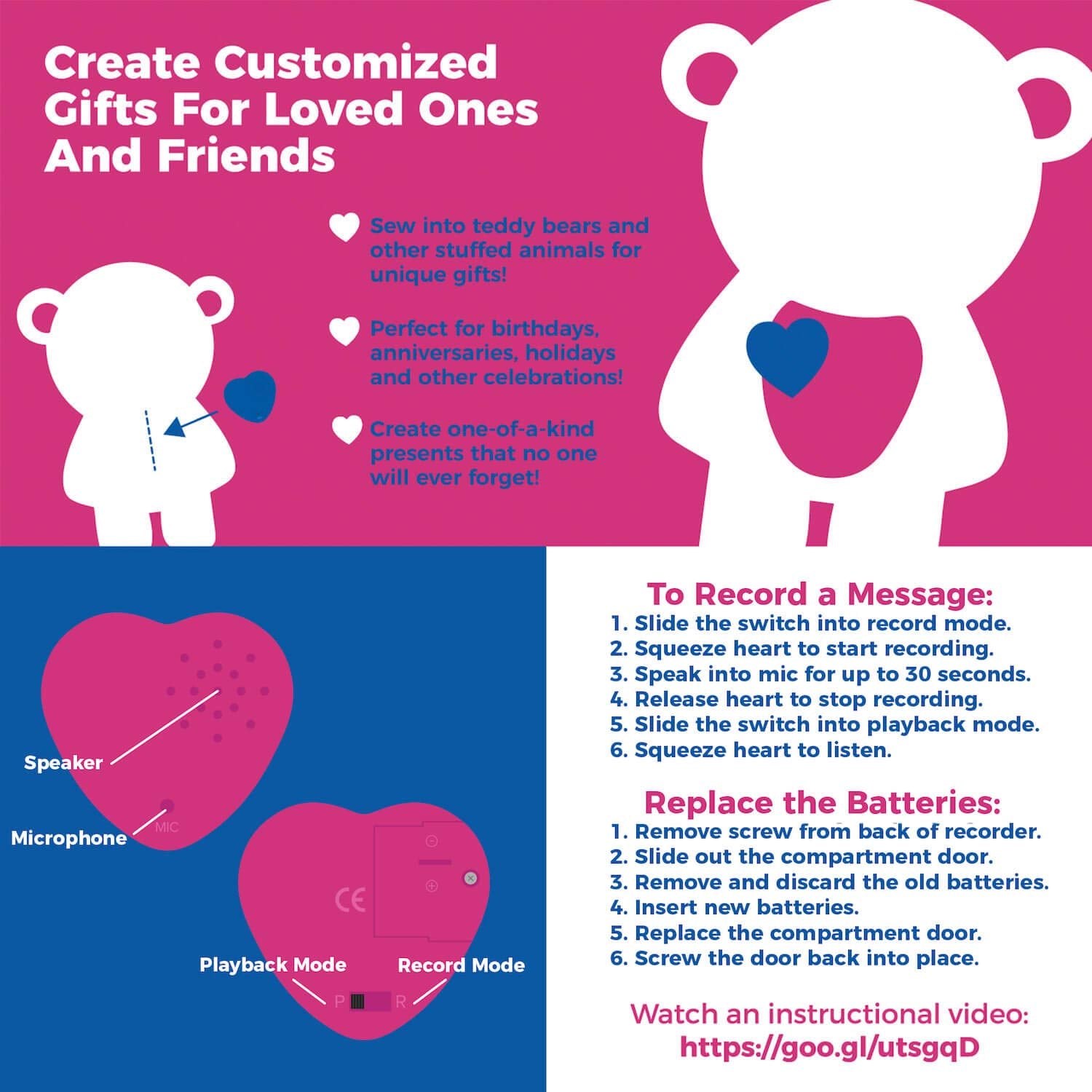 Inventiv 2 Pack, 30 Second Voice Sound Recorder Module for Plush Toy, Stuffed Teddy Bear Animal Recordable Heart, Record Custom Messages (Pink)
