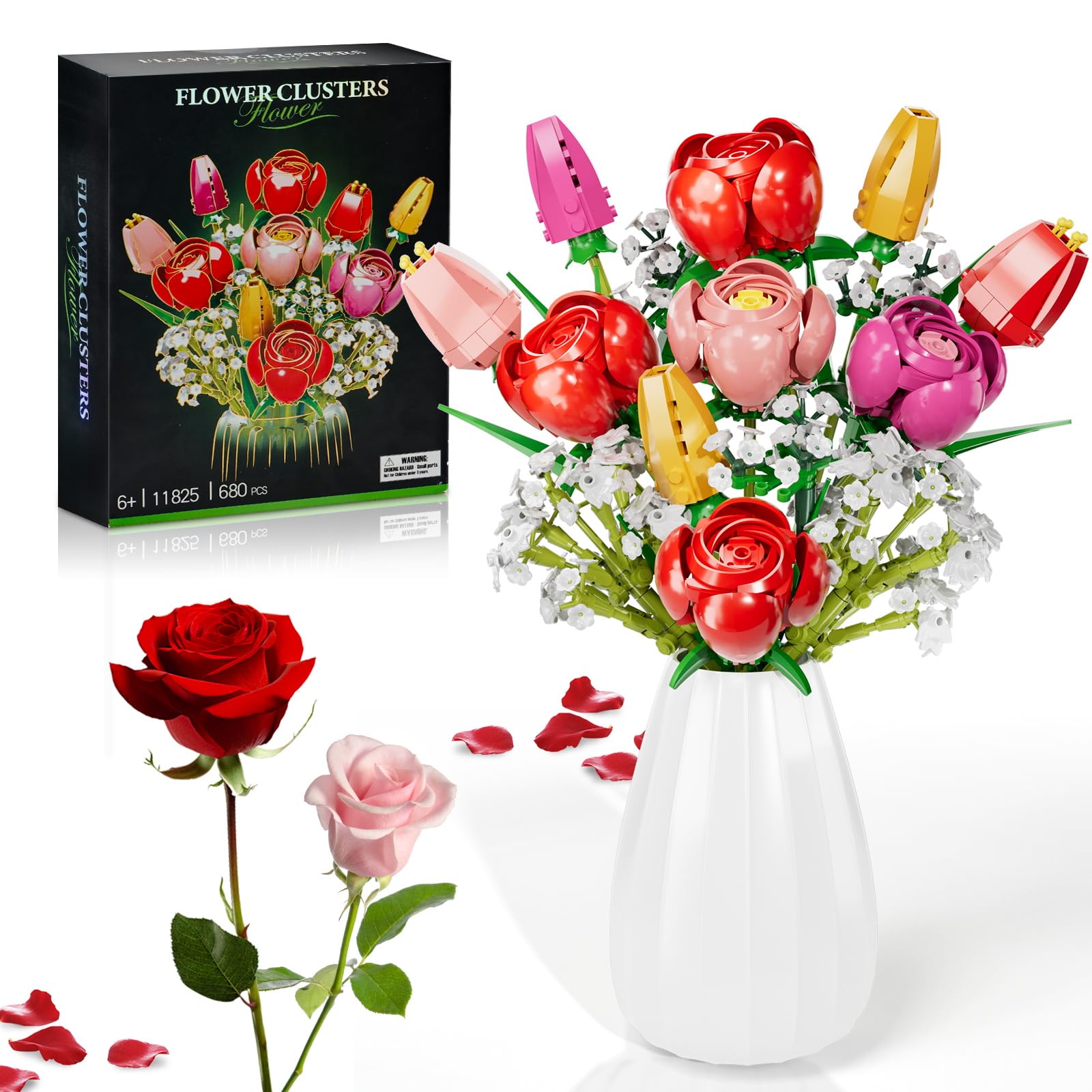 GoStock Flower Bouquet Building Set, Rose Home Plant Decor, Artificial Flowers Botanical Collection Block Toy for Valentine Birthday Gifts Adults