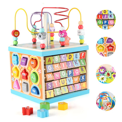 Qilay 5-in-1 Wooden Activity Cube for Toddlers 1-3(Large),Multipurpose Toddler Activity Center with Bead Maze & Shape Sorter, Early Educational Toy