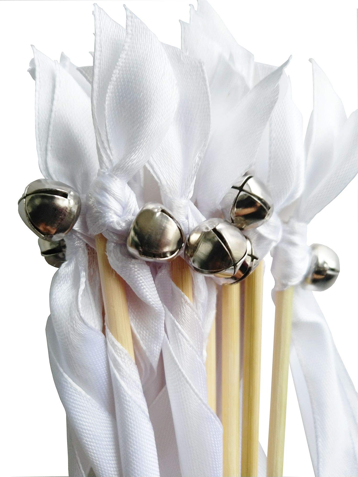 Kingsnow 50PCS Ribbon Wands with Triple Ribbon and Silver Bell Party Wand Party Favors Streamers Ribbon Sticks Magic Fairy Wands for Wedding Decors