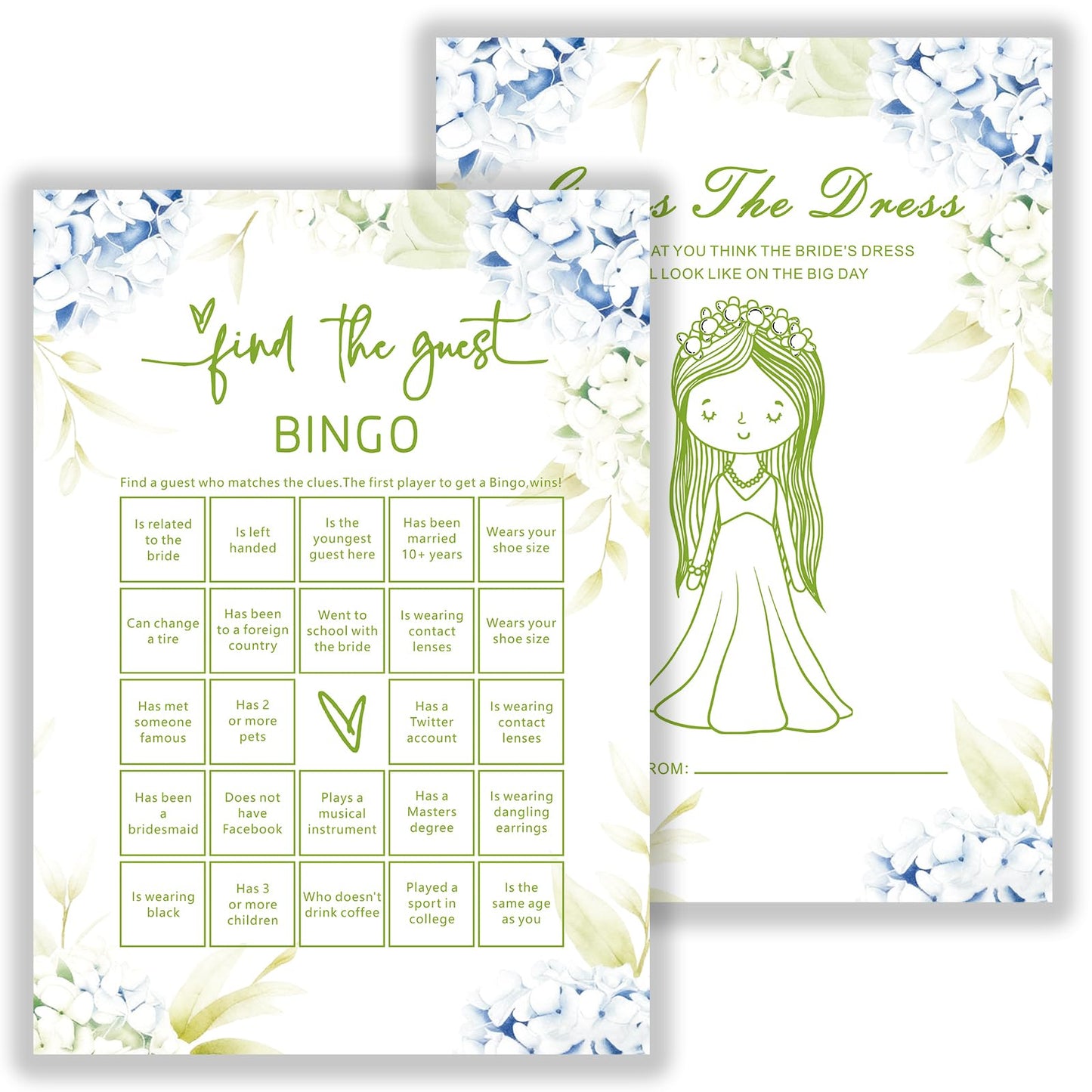 SMOQYKBW Floral Wedding Bingo Game Cards, Bridal Shower Guest Activity with Dress Drawing, 30 Pack, 7 Inch, Blue Hydrangea Design