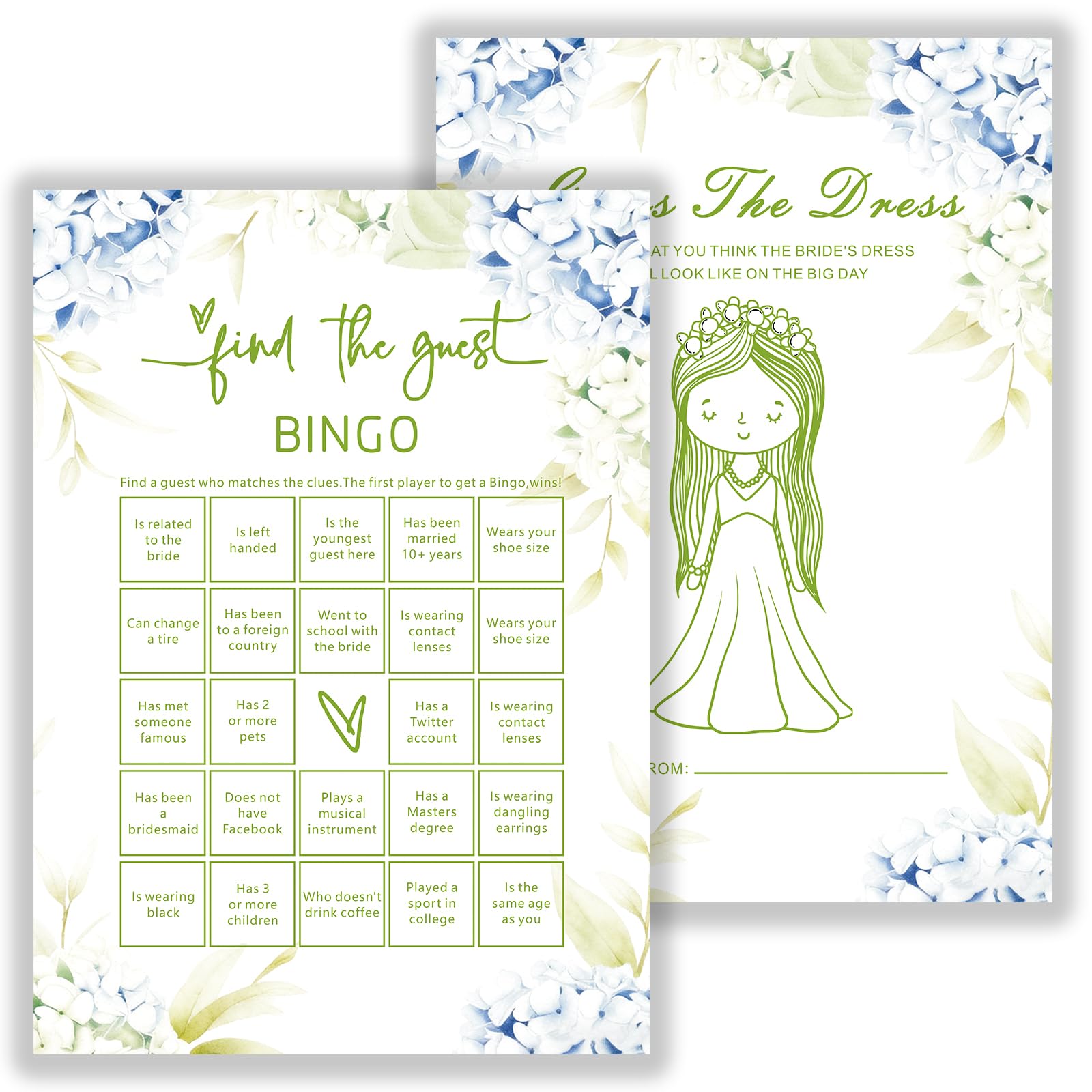 SMOQYKBW Floral Wedding Bingo Game Cards, Bridal Shower Guest Activity with Dress Drawing, 30 Pack, 7 Inch, Blue Hydrangea Design