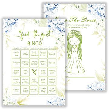SMOQYKBW Floral Wedding Bingo Game Cards, Bridal Shower Guest Activity with Dress Drawing, 30 Pack, 7 Inch, Blue Hydrangea Design