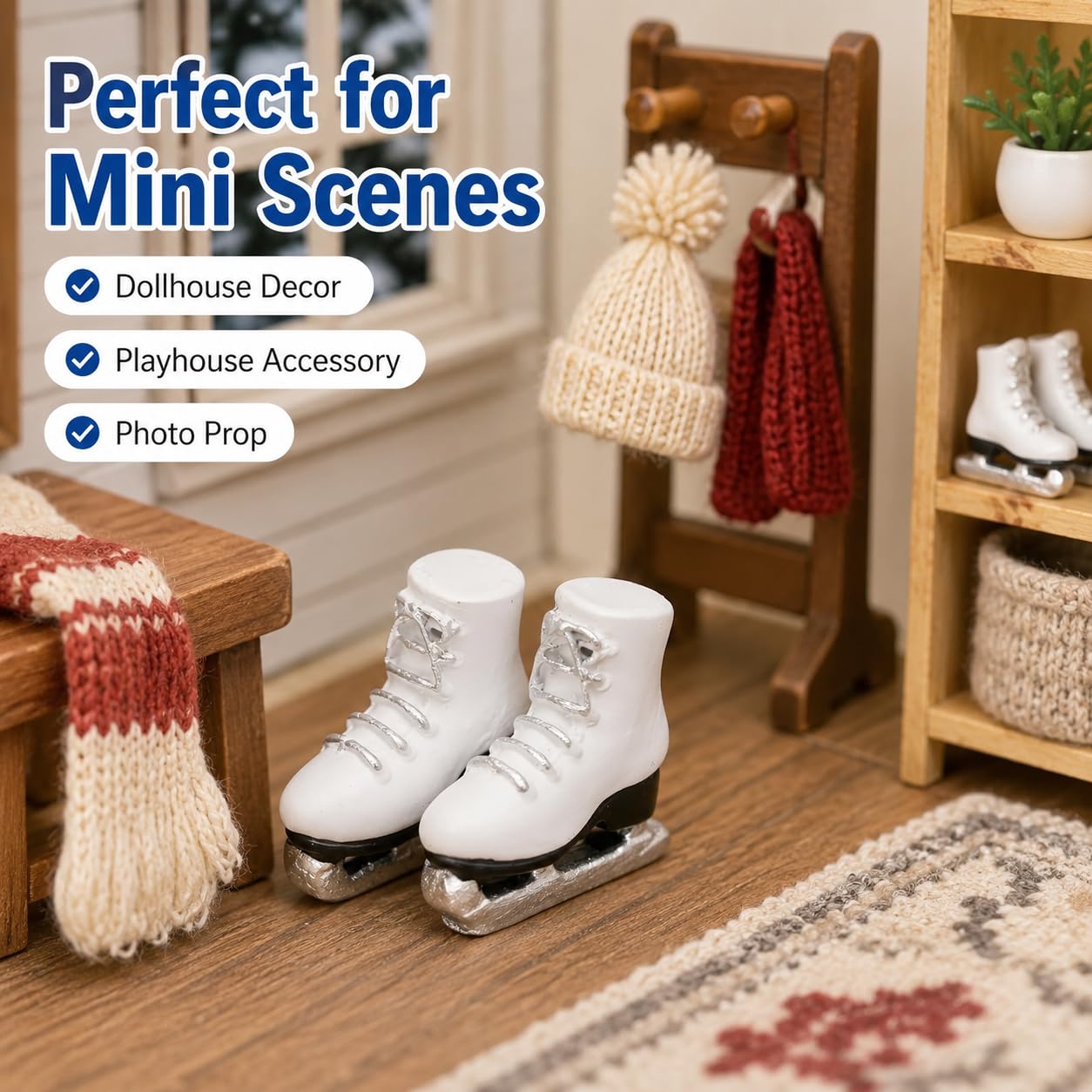 Miniature White Ice Skates and Roller Skates, Scale Model Winter Sports Shoes, Dollhouse Accessories for Playhouse Decor