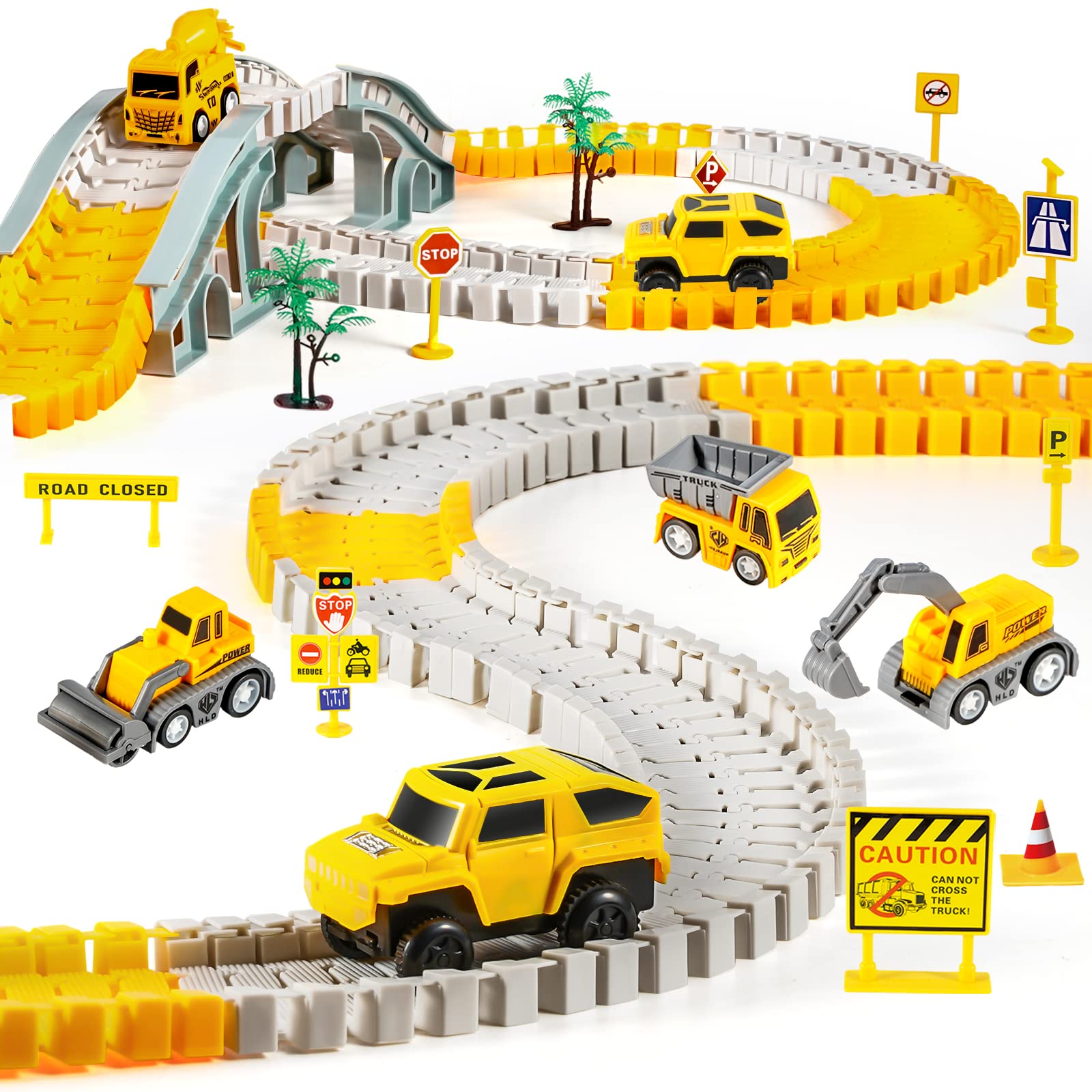 260 PCS Construction Race Tracks for Kids Toys, 2 Racing Cars, 4 Construction Cars, 1 Map & Flexible DIY Track Set, Engineering Toys for 3 4 5 6 Year