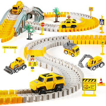 260 PCS Construction Race Tracks for Kids Toys, 2 Racing Cars, 4 Construction Cars, 1 Map & Flexible DIY Track Set, Engineering Toys for 3 4 5 6 Year