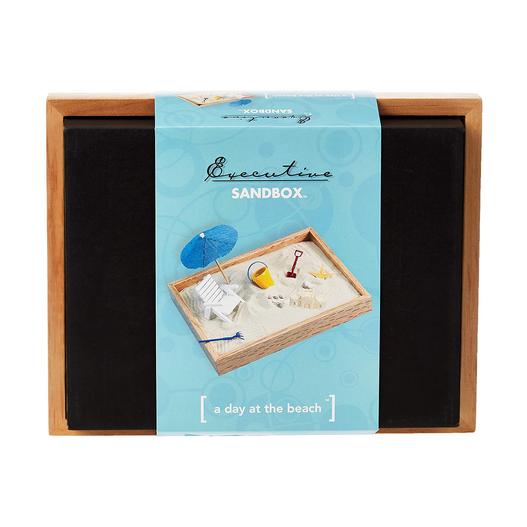 Executive Sandbox - Beach Themed Zen Garden - Desktop Stress Relieving Office Decor - Includes 8” x 10” Hardwood Sandbox, 8 Seaside Accessories,