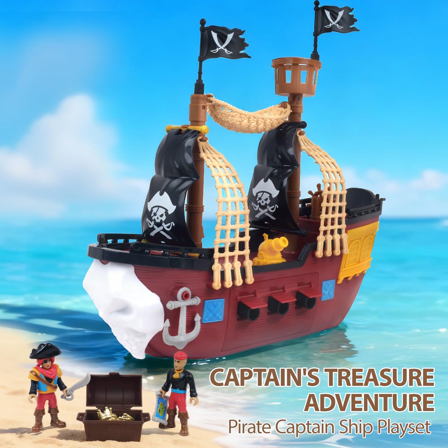 Goldlok Pirate Ship Adventure Playset with Lights and Sounds - Includes 2 Pirate Figures, Treasure Chest & Cannons - Pretend Play Gift for Kids Ages