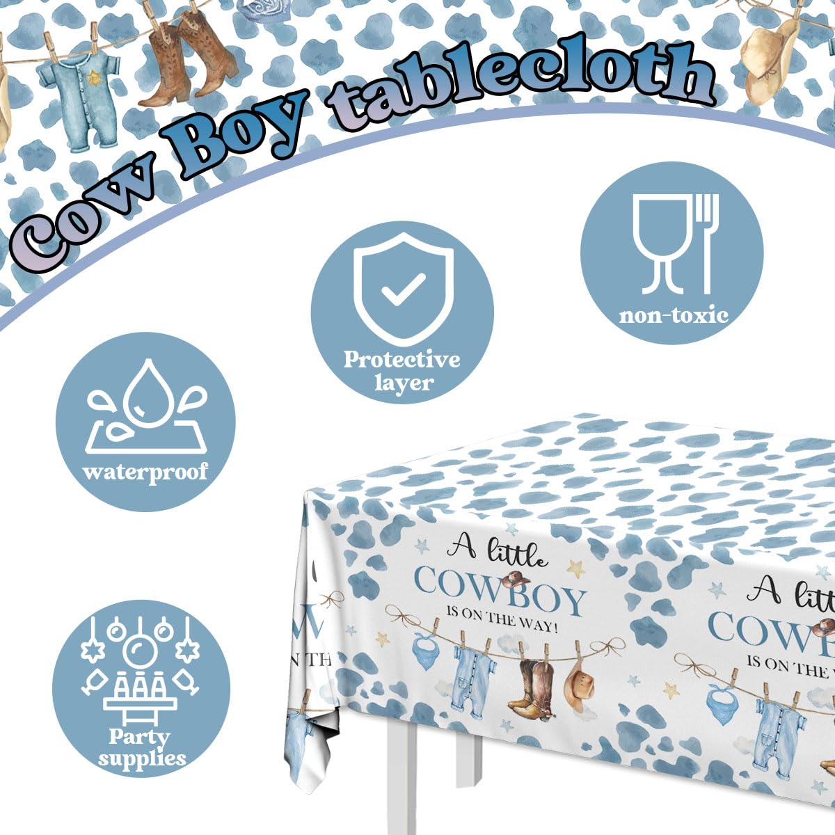Pymurod Little Cowboy Baby Shower Decorations-3pcs Western Tablecloth Cowboy Table Cover for Cowboys Western Themed Baby Shower Party Decorations