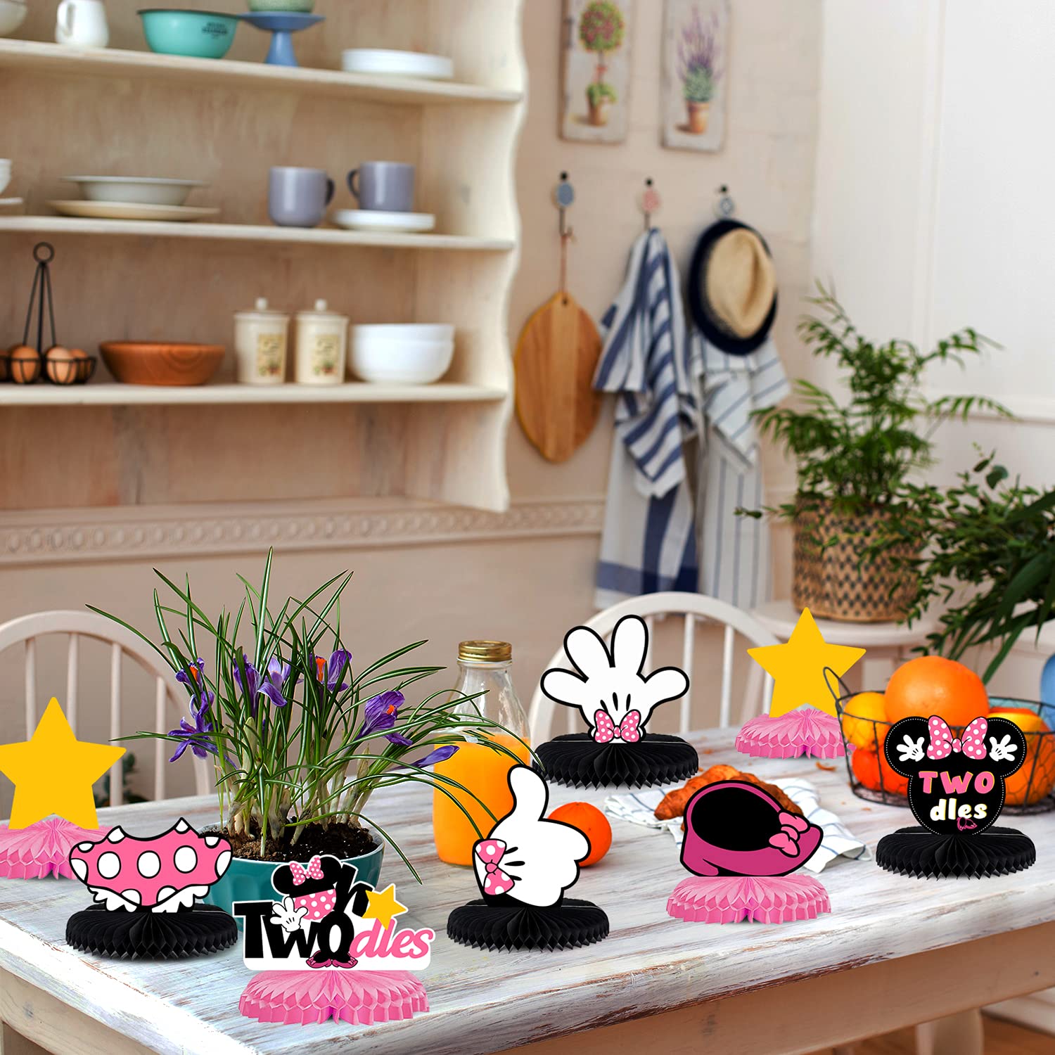 LINGTEER Oh Twodles Birthday Table Honeycomb Centerpieces - Cheers to Girls 2nd Birthday Kids Two Years Old Mouse Themed Party Decorations Sign.