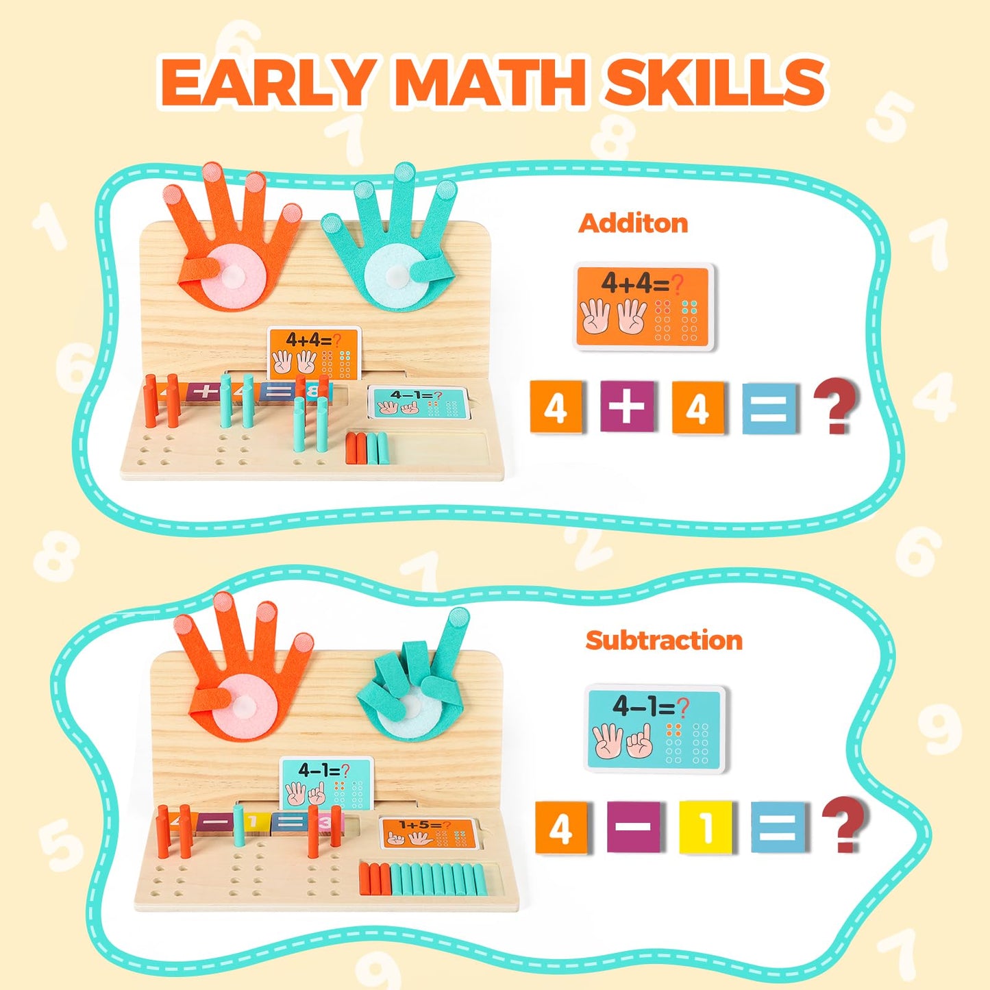 WudBudz Montessori Learning Toys for Toddlers, Double-Sided Preschool Educational Math Manipulatives Number Counting Blocks, Finger Counting Math Toys