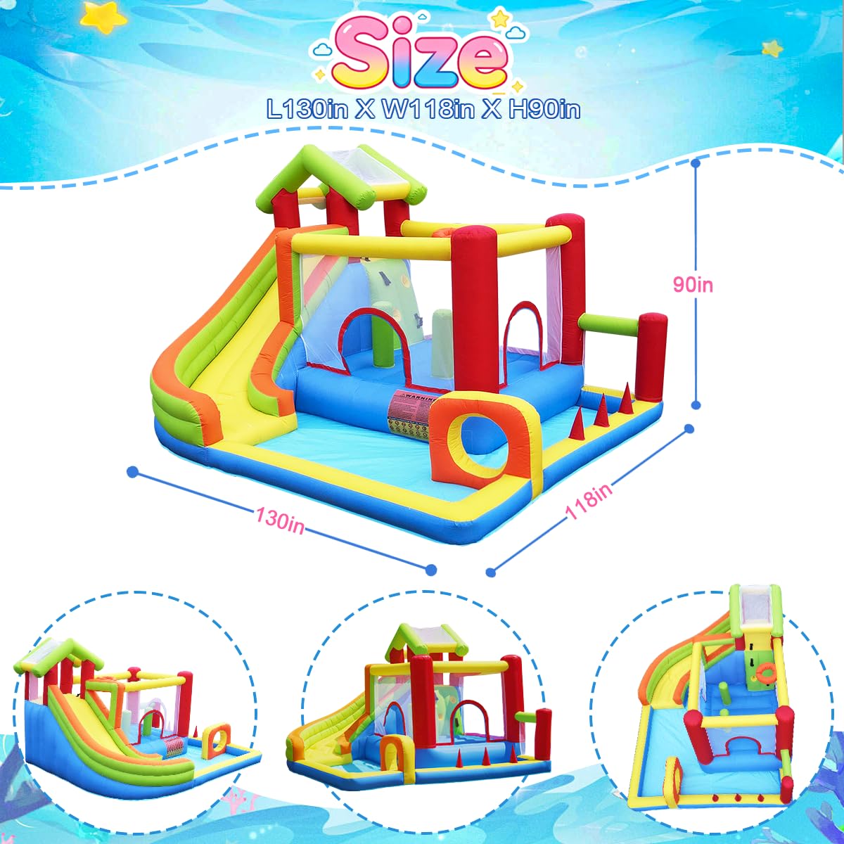 Mega Bounce House with Slide | 7-in-1 Inflatable Playground for Kids 3-10 | Giant Jump Area, Ball Pit, Basketball Hoop | Commercial-Grade Blower