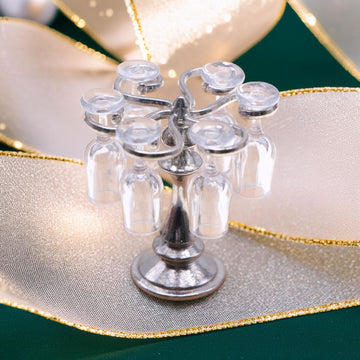 1:12 Scale Miniature Wine Glass Set with Metal Rack (Gold/Silver), 6 Clear Goblets, Elegant Dollhouse Dining Room & Bar Accessory for Collectors