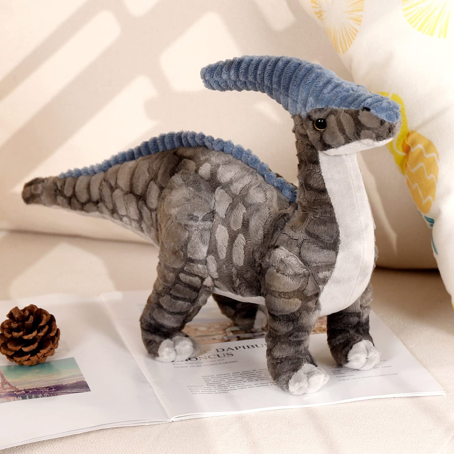 Dinosaur Plush Toy, 16" Parasaurolophus Stuffed Animal Throw Plushie Pillow Doll, Soft Grey Fluffy Friend Hugging Cushion - Present for Every Age