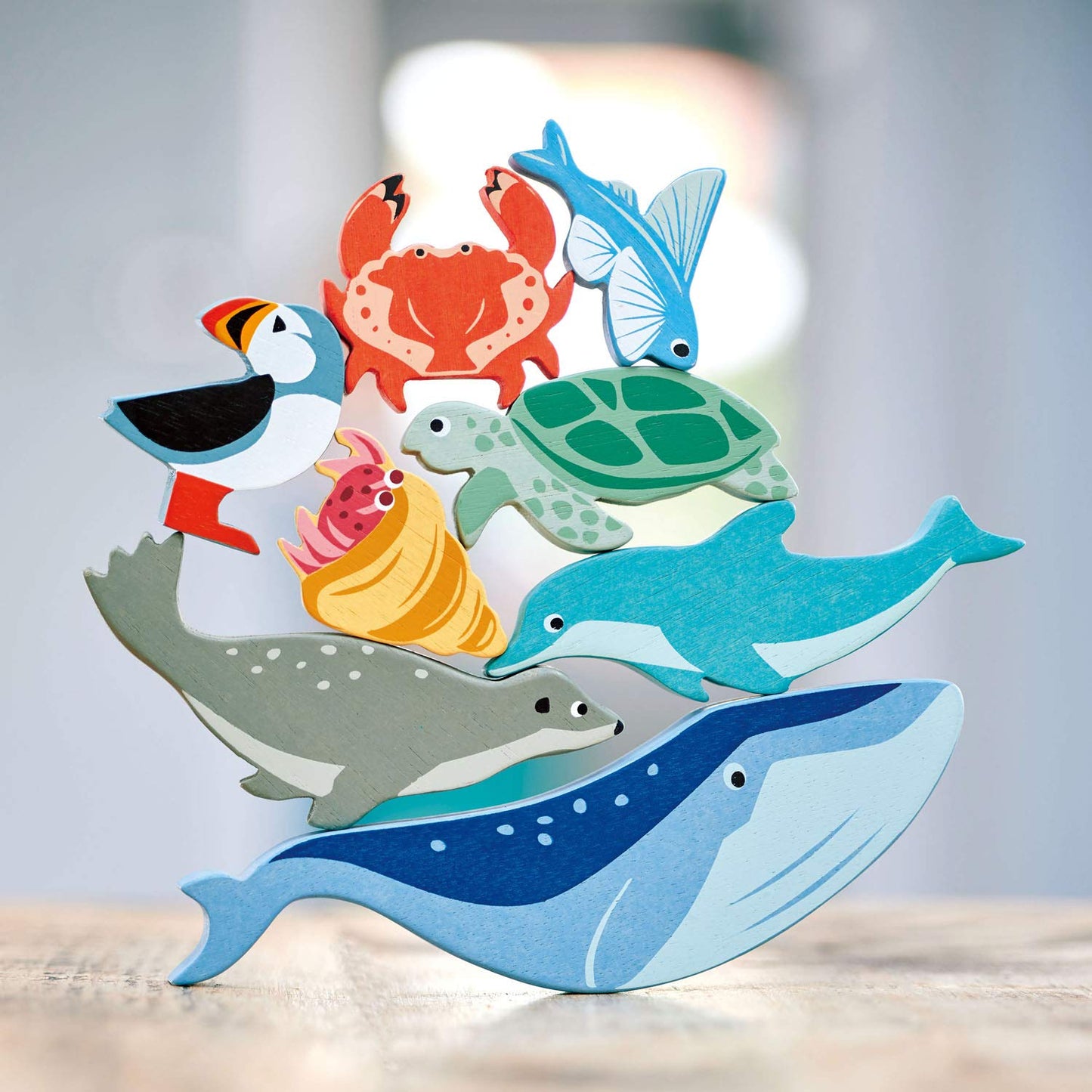 Tender Leaf Toys Coastal Creatures - 8 Wooden Ocean Animal Figurines with a Display Shelf - Classic Toy for Pretend Play - Develops Creative