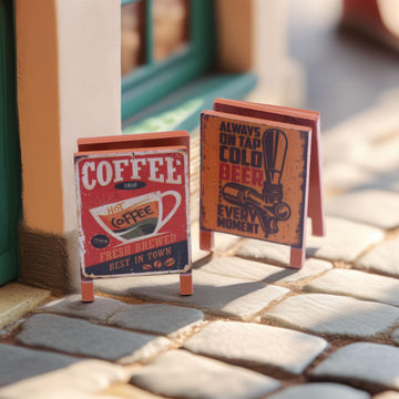 Set of 2 Miniature A-Frame Signs, Double-Sided Coffee & Beer Wood Signboards for 1:12 Scale Dollhouse, Retro Cafe Bar Decor Accessories for Adult